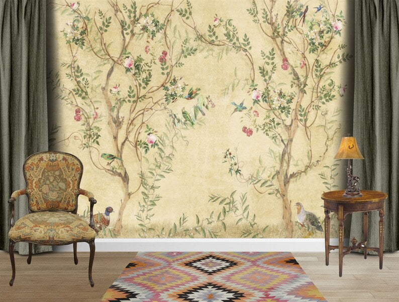 Chinoiserie Wallpaper Mural: Spring Flowers, Crane, Birds