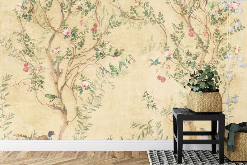 Chinoiserie Wallpaper Mural: Spring Flowers, Crane, Birds
