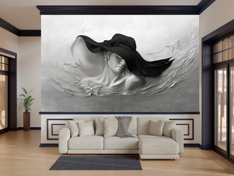 3D Woman Face Sculpture Wallpaper Mural