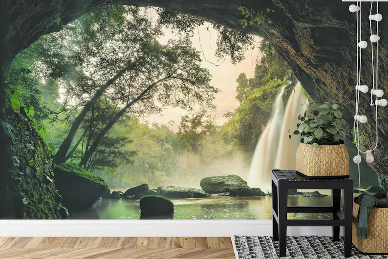 Tropical Waterfall Mural, Khao Yai Forest Art Print