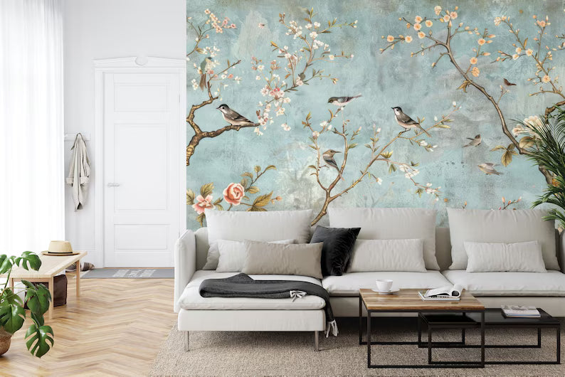 Vintage Chinoiserie Birds and Flowers Wallpaper Mural