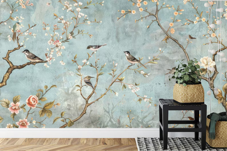 Vintage Chinoiserie Birds and Flowers Wallpaper Mural