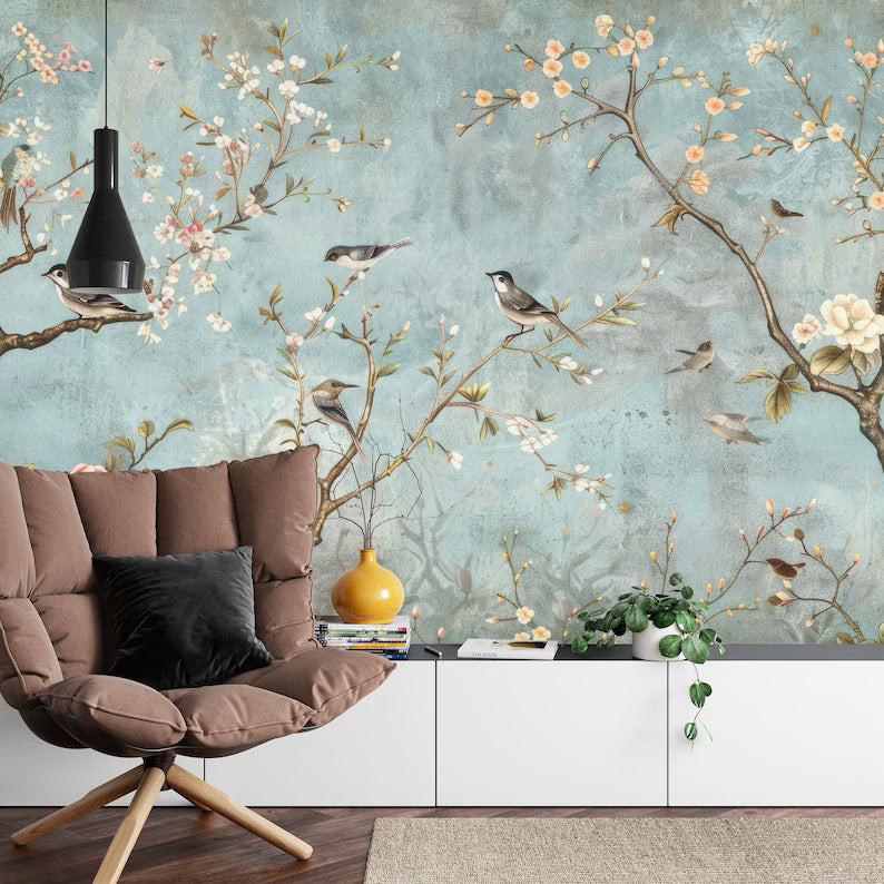 Vintage Chinoiserie Birds and Flowers Wallpaper Mural