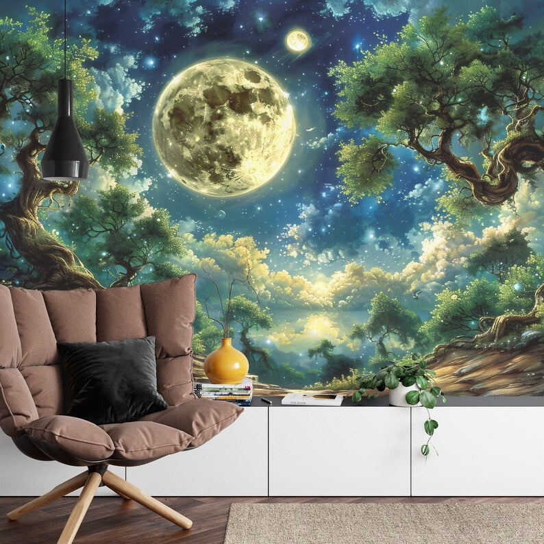 Forest Moon Peel and Stick Wallpaper Mural, Starry Night Wall Decal