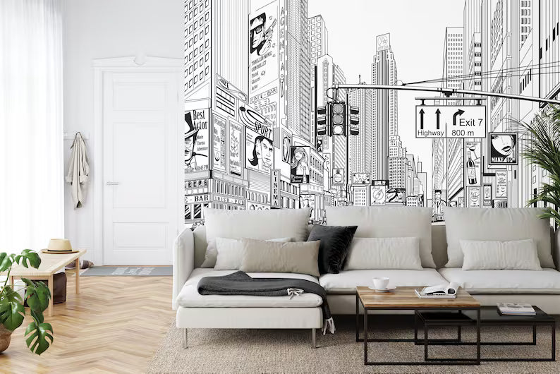 Cartoon City Street Wallpaper Mural, Black and White Comic