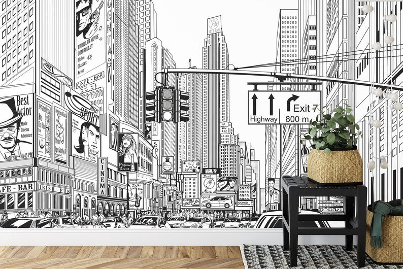 Cartoon City Street Wallpaper Mural, Black and White Comic
