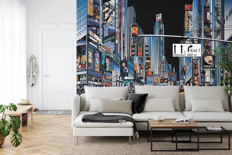 Cartoon Cityscape Wallpaper Mural, Colorful Comic Style