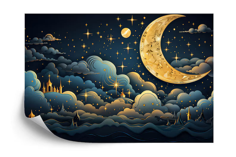 Golden Crescent Moon Wallpaper Mural, Easy-Install
