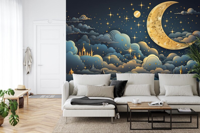 Golden Crescent Moon Wallpaper Mural, Easy-Install