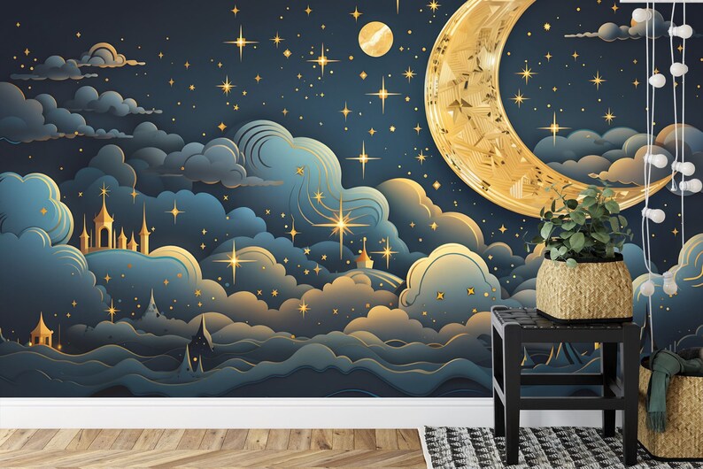 Golden Crescent Moon Wallpaper Mural, Easy-Install
