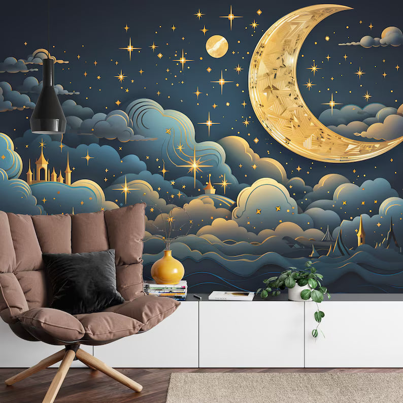 Golden Crescent Moon Wallpaper Mural, Easy-Install