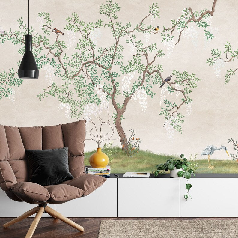 Japanese Garden Mural, Birds Fresco, Flowering Tree Wallpaper