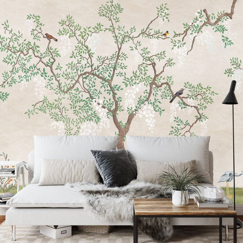 Japanese Garden Mural, Birds Fresco, Flowering Tree Wallpaper