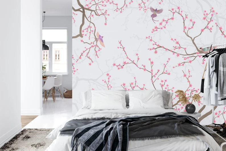 Cherry blossom branch mural with delicate pink petals and small birds