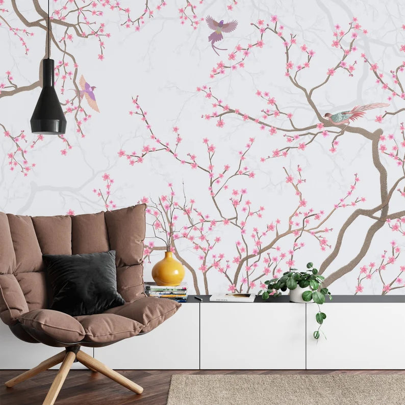 Cherry blossom wall mural in living room setting showing scale and placement