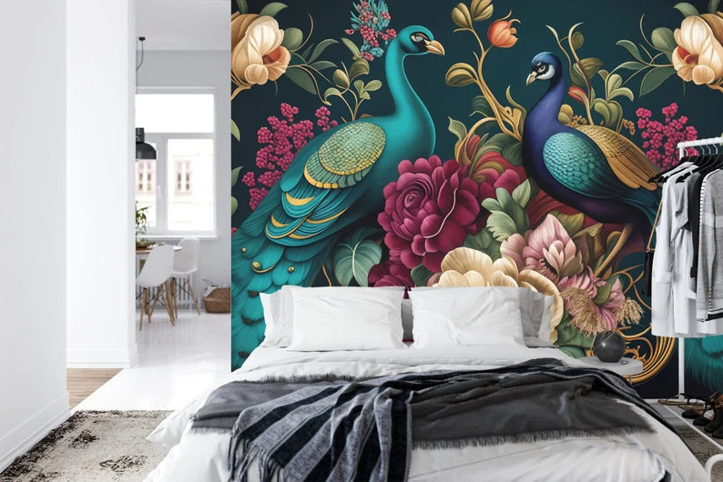 Peacock & Floral Wallpaper Mural, Abstract Art Print