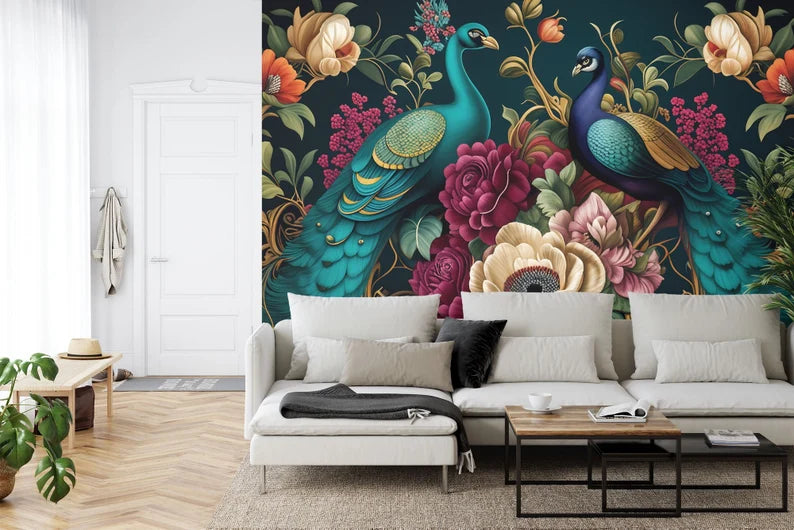 Peacock & Floral Wallpaper Mural, Abstract Art Print