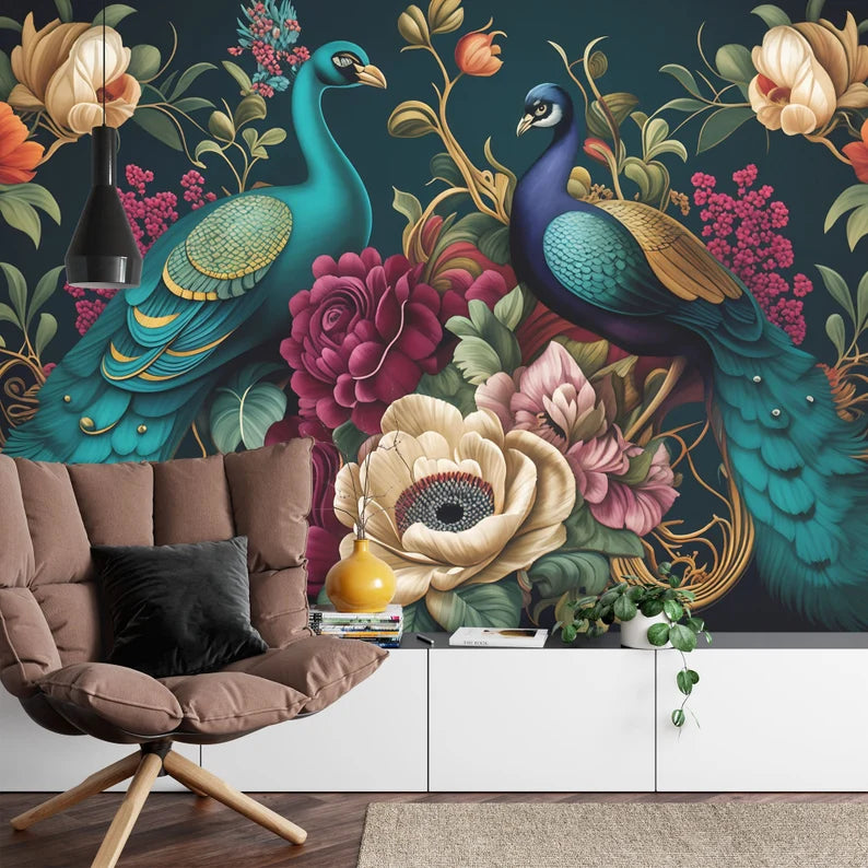 Peacock & Floral Wallpaper Mural, Abstract Art Print