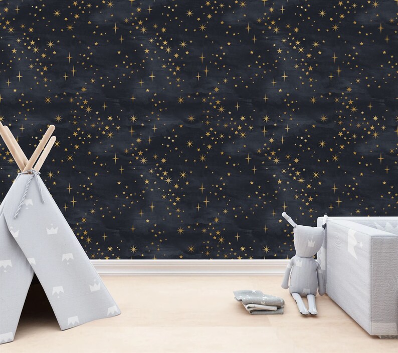 Starry Night Wallpaper Mural, Shining Stars, Black and Gold