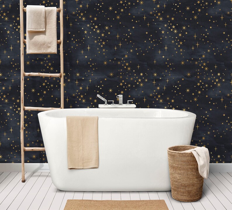 Starry Night Wallpaper Mural, Shining Stars, Black and Gold