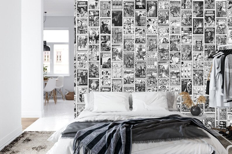 Vintage Comics Collage Wallpaper, Black and White