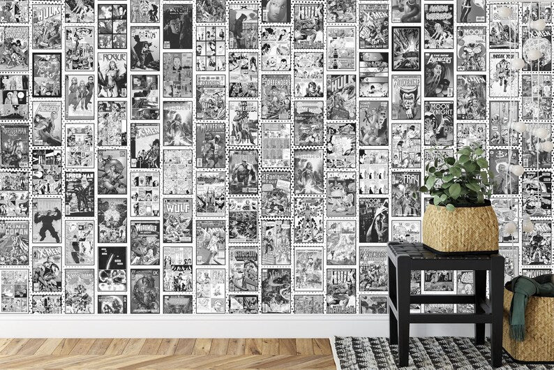 Vintage Comics Collage Wallpaper, Black and White