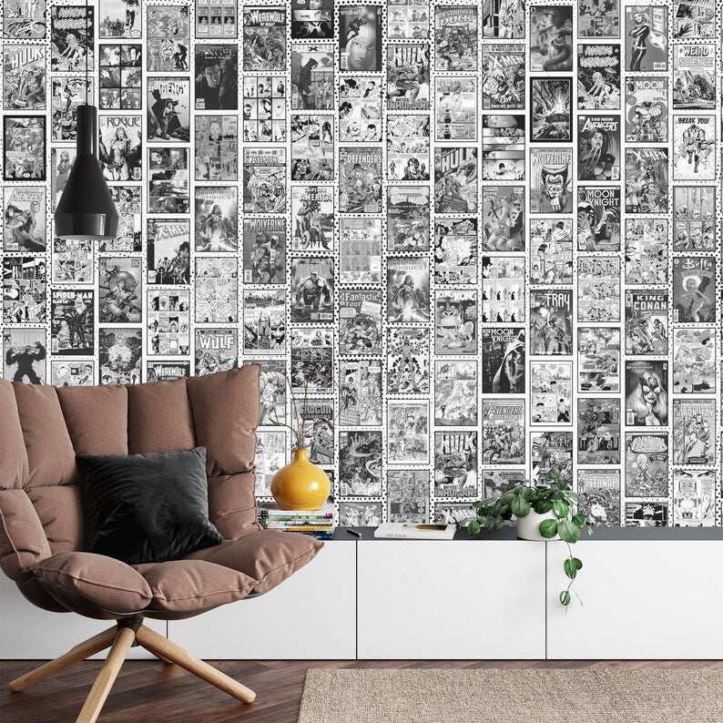 Vintage Comics Collage Wallpaper, Black and White