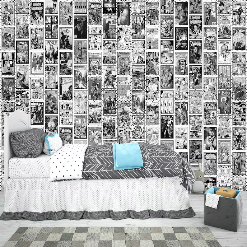 Vintage Comics Collage Wallpaper, Black and White
