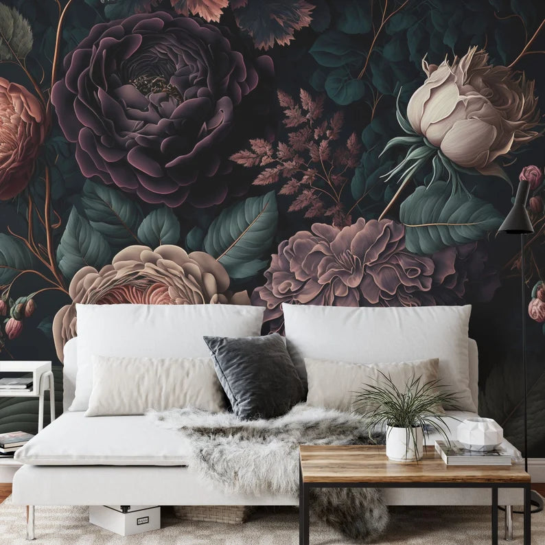 Baroque Peonies Wallpaper Mural, Rich Deep Colors