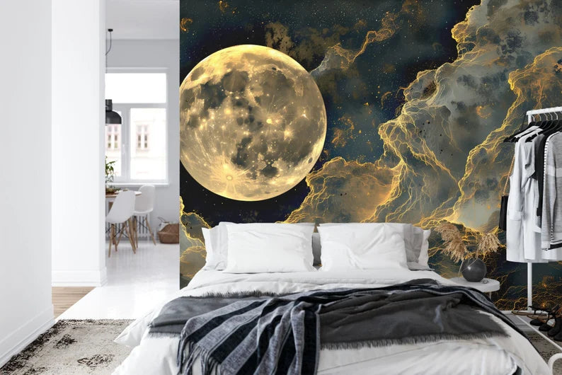 Golden Full Moon Wall Mural, Cloudy Night Art Print