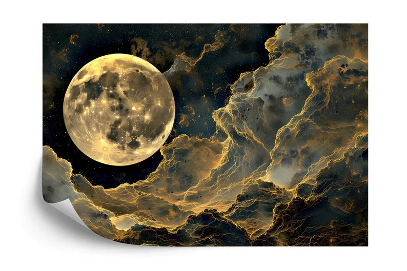 Golden Full Moon Wall Mural, Cloudy Night Art Print