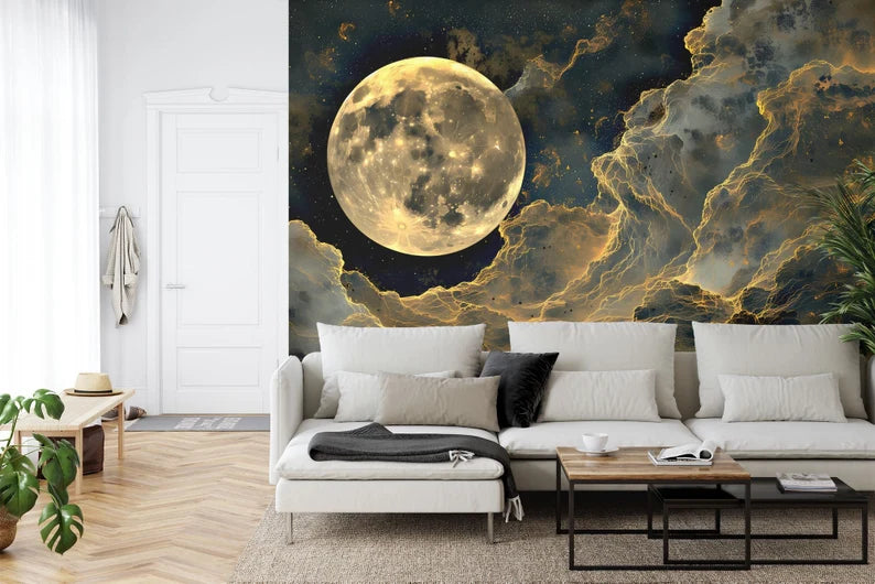 Golden Full Moon Wall Mural, Cloudy Night Art Print