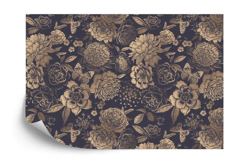 Black and Gold Peony Wallpaper Mural, Vintage Floral