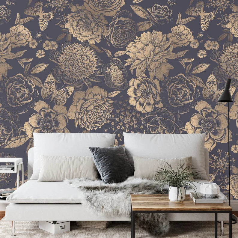 Black and Gold Peony Wallpaper Mural, Vintage Floral
