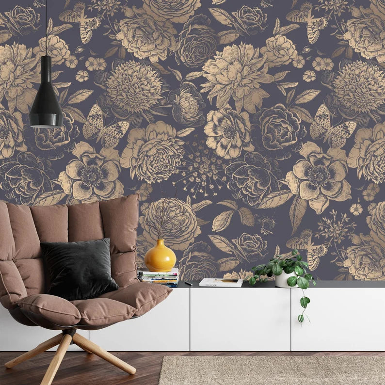 Black and Gold Peony Wallpaper Mural, Vintage Floral