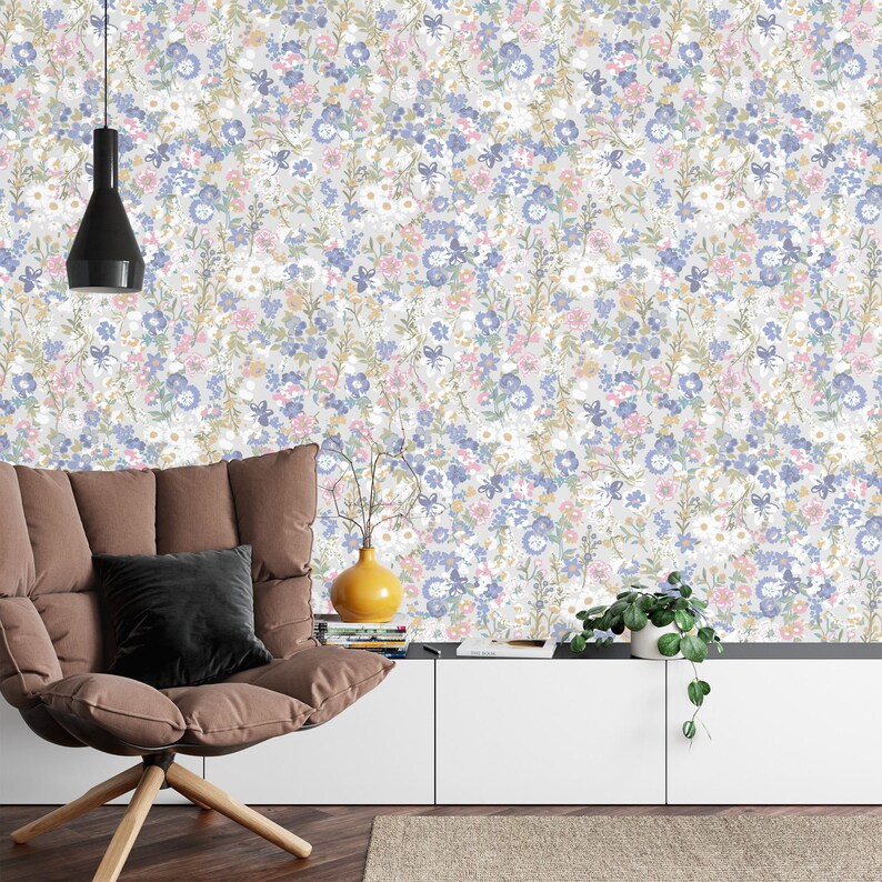 Wildflower Botanical Mural, Boho Floral Wallpaper Gift