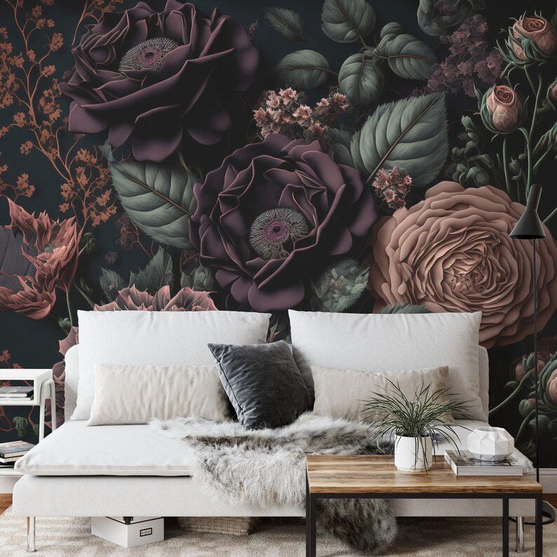 Baroque Peony Flower Wall Mural, Rich Colors