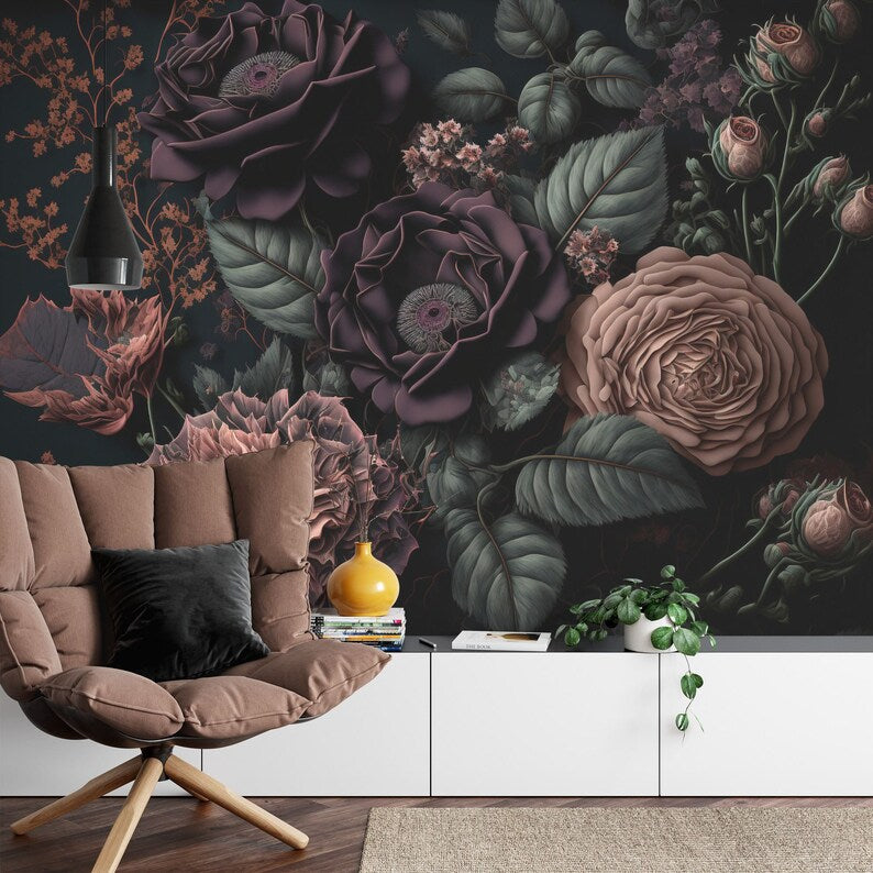 Baroque Peony Flower Wall Mural, Rich Colors