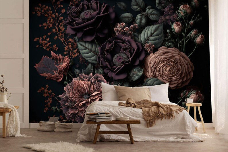 Baroque Peony Flower Wall Mural, Rich Colors
