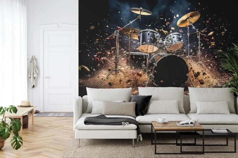 Wallpaper, Drum Set 3D Illustration Wall Decal, Music Room
