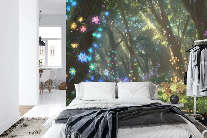 Enchanted Forest Wallpaper Mural, Glowing Flowers