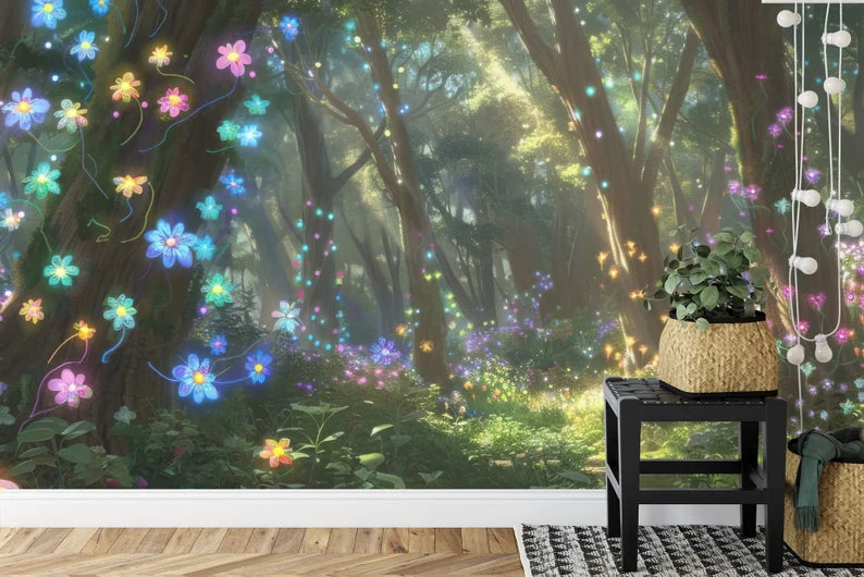 Enchanted Forest Wallpaper Mural, Glowing Flowers