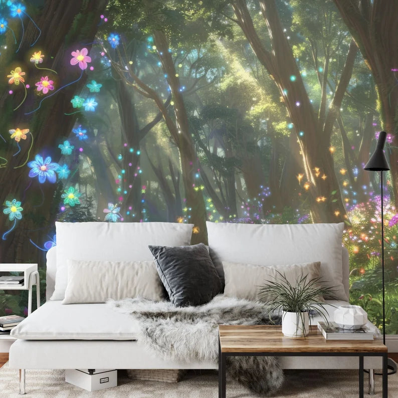 Enchanted Forest Wallpaper Mural, Glowing Flowers