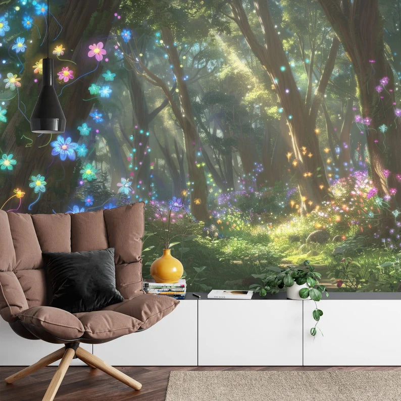 Enchanted Forest Wallpaper Mural, Glowing Flowers