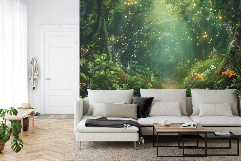 Enchanted Forest Wallpaper Mural, Fireflies Art Print