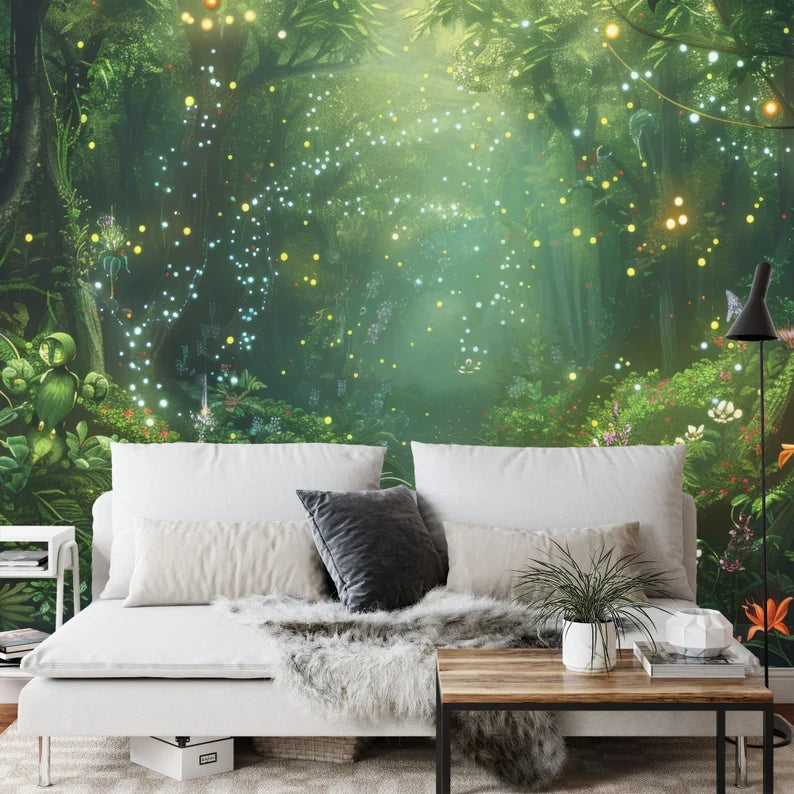 Enchanted Forest Wallpaper Mural, Fireflies Art Print