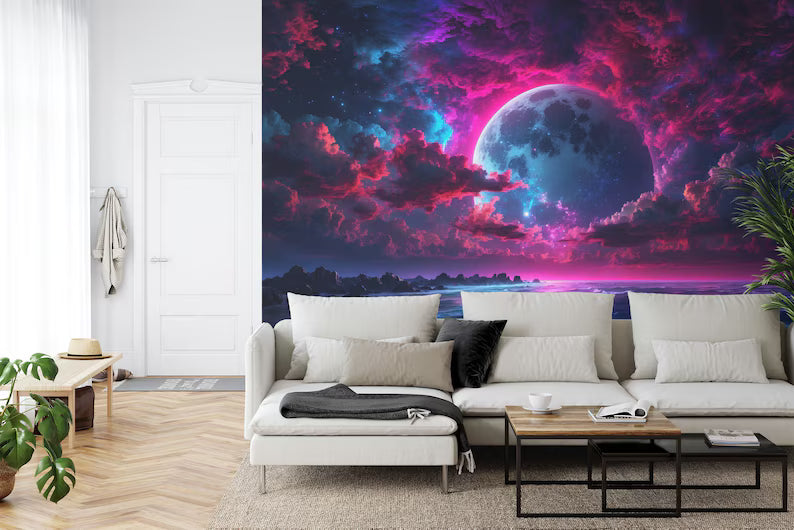 Neon Moon Wall Mural: Glowing Midnight Light Art Print