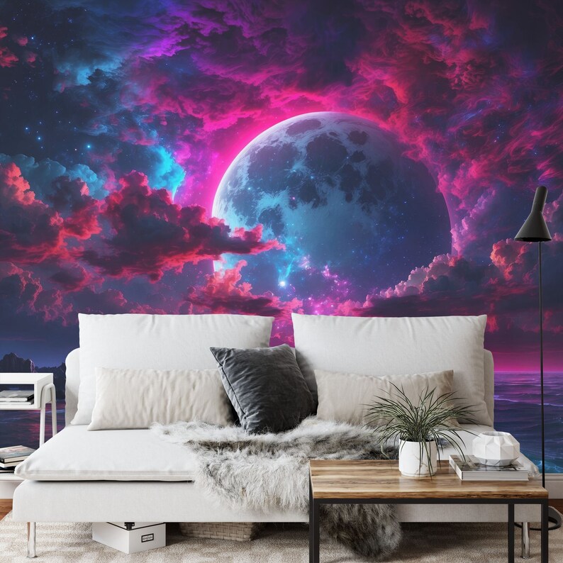 Neon Moon Wall Mural: Glowing Midnight Light Art Print