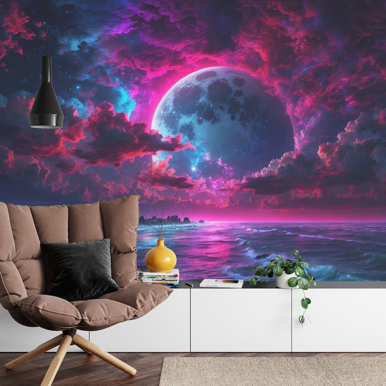 Neon Moon Wall Mural: Glowing Midnight Light Art Print