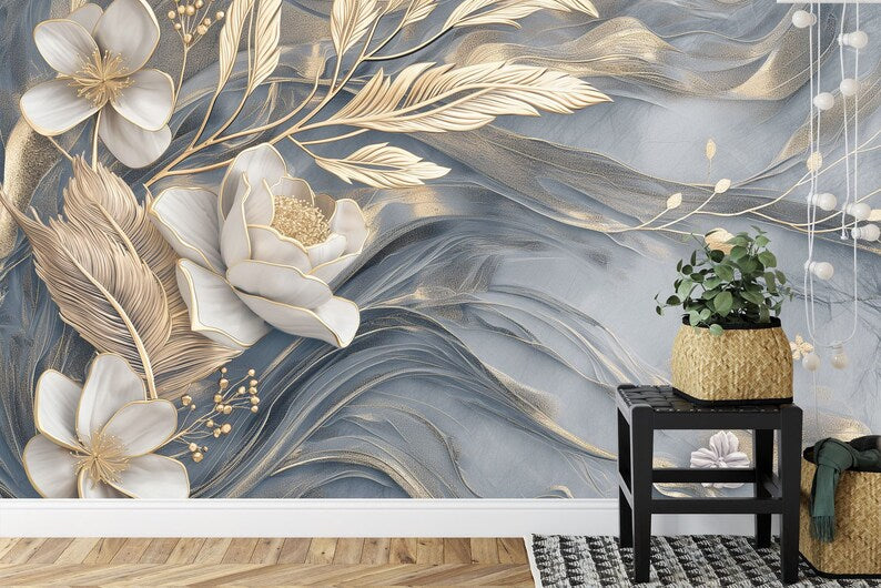 Floral Wallpaper Mural, Marble and Feathers Design